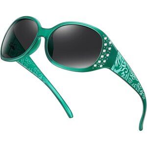 Womens Polarized Green Frame Eyes Protection Sunglasses Rhinestone Around Wrap